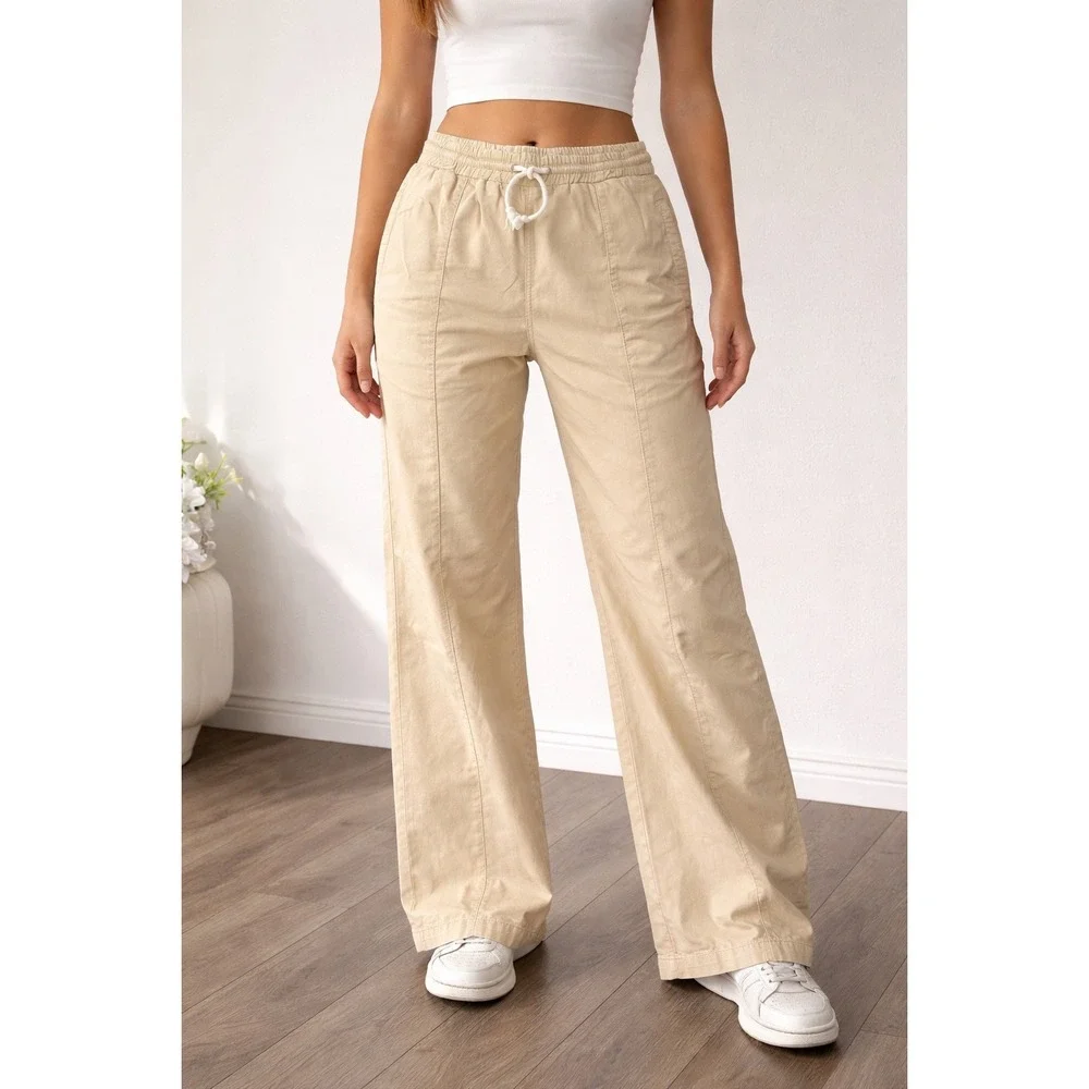 We The Free Free People Beige Cotton‎ Wide Leg Utility Pants Drawstring Large H1